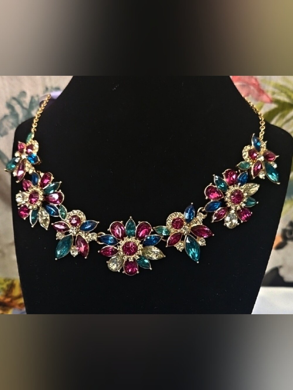 Statement Necklace  Floral Gemstone in Gold, Pink, and Blue. Formal Attire
